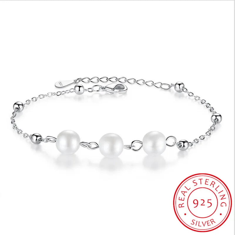 925 Silver Charm Bracelet for Women Ball Chain Pearl Adjustable Bracelet