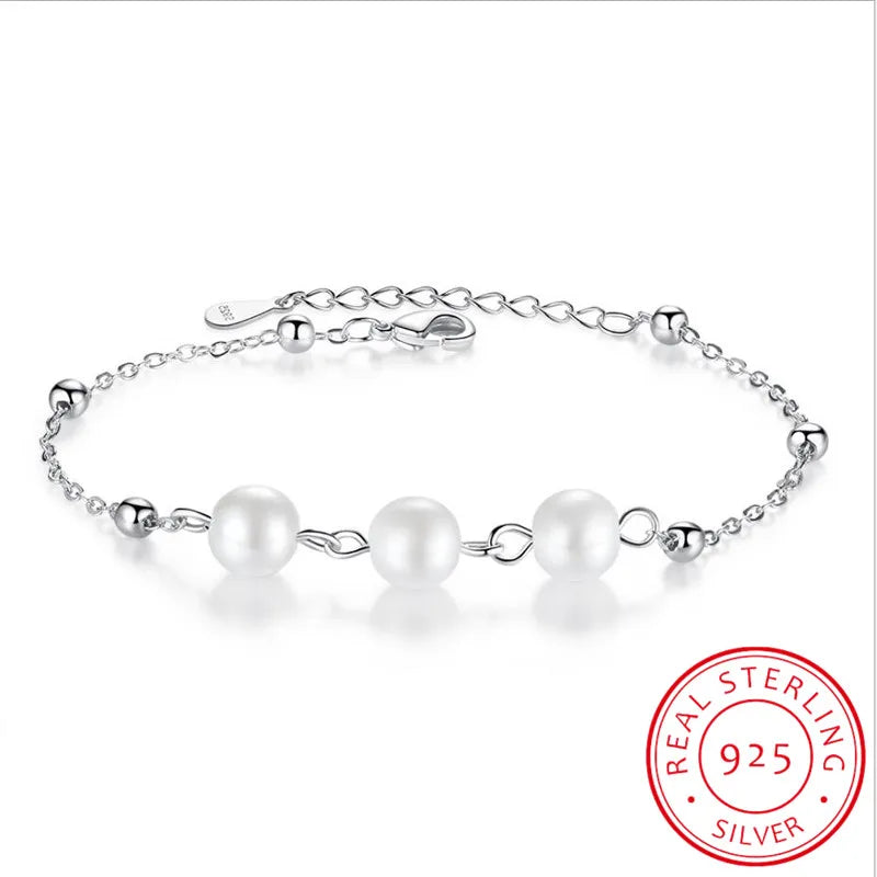 925 Silver Charm Bracelet Silver Beads Chain with Pearl Adjustable Bracelet