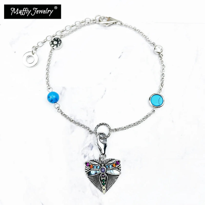 925 Silver Charm Bracelet with Dragonfly in Heart Turquoise Pendant