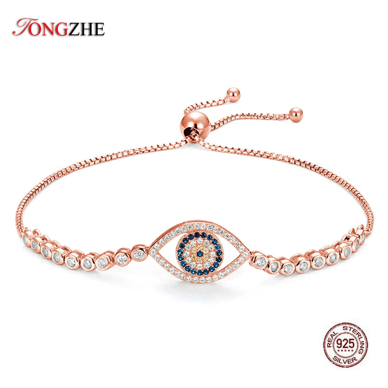 925 Silver Evil Eye Bracelet CZ Tennis Rose Jewelry
