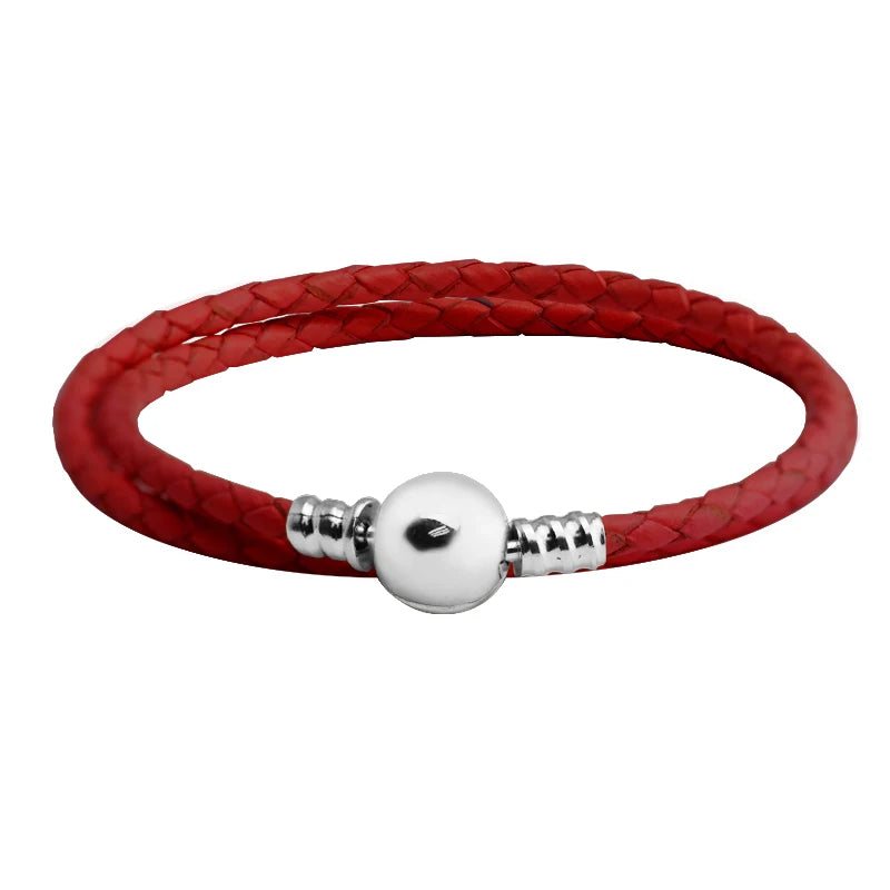 925 Silver Charm Bracelet Red Leather DIY Jewelry