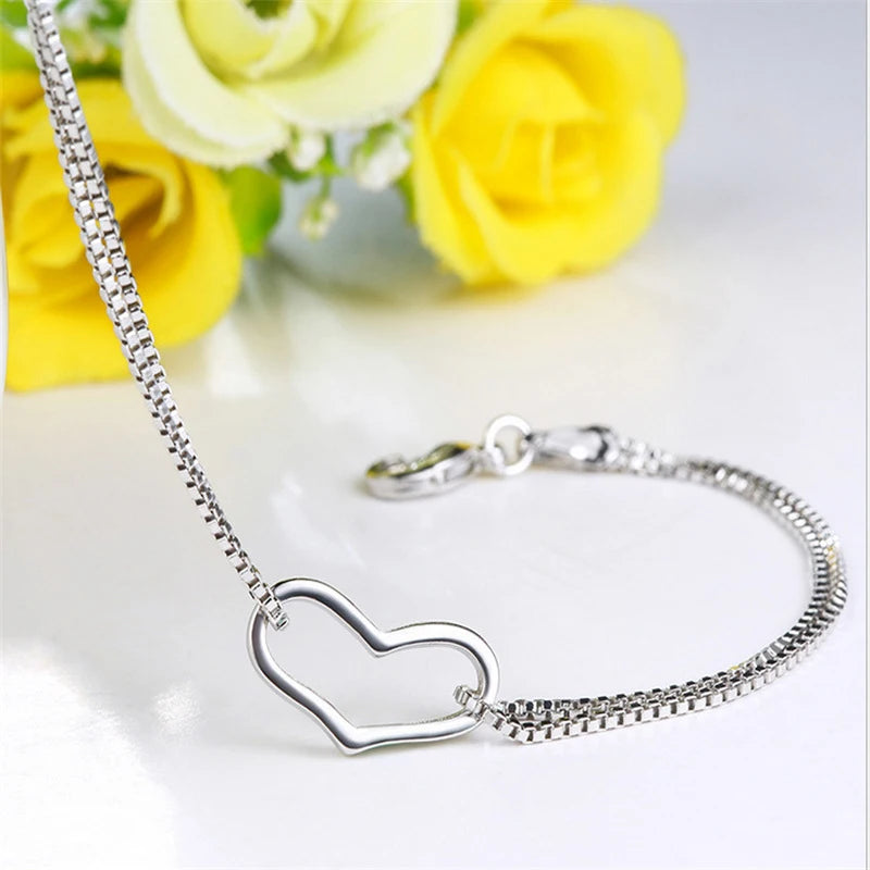 925 Silver Charm Bracelets Heart Shape Box Chain Jewelry