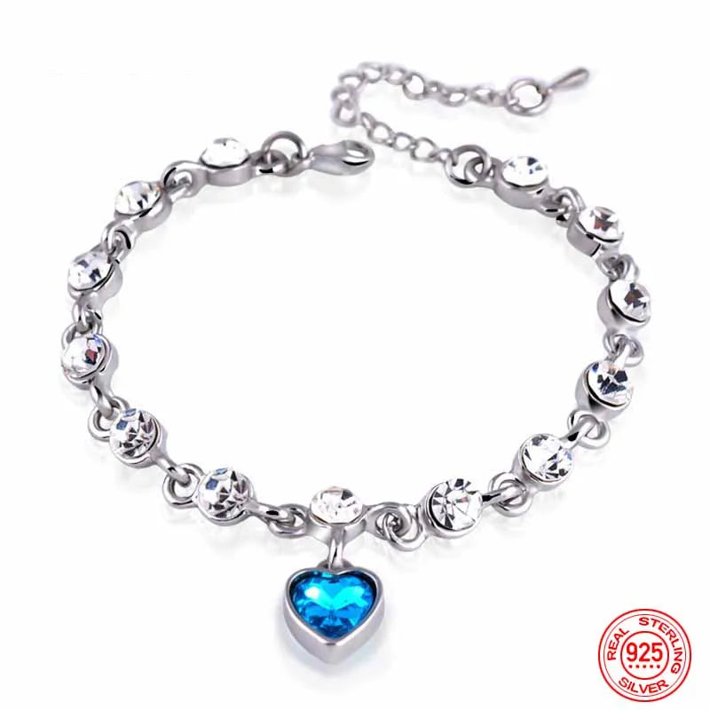 925 Silver Charm Sapphire Heart Bracelet Chain Women Engagement Jewelry