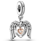 925 Sterling Silver Charm Sparkling Heart & Angel Wings Necklace Pendant