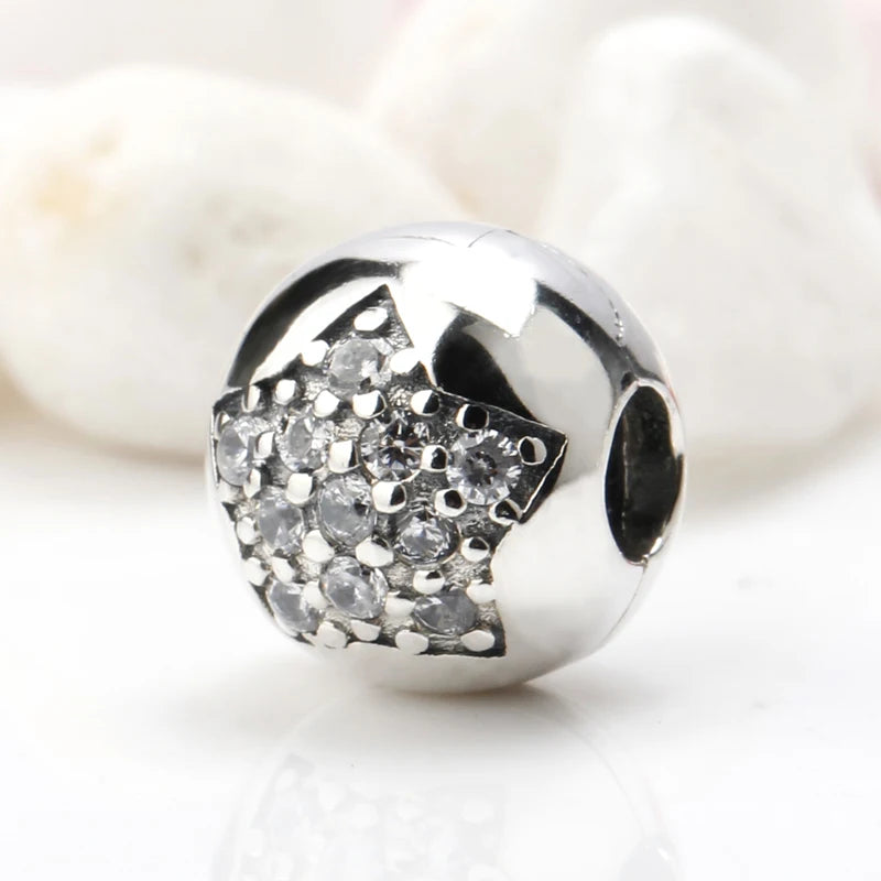 925 Silver Charm Bead w/ CZ Star for Pandora Bracelets