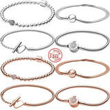 925 Silver Charms Bracelet Rose Heart Crown Snake Chain Women DIY Jewelry