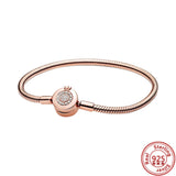 925 Silver Charms Bracelet Rose Heart Crown Snake Chain Women DIY Jewelry