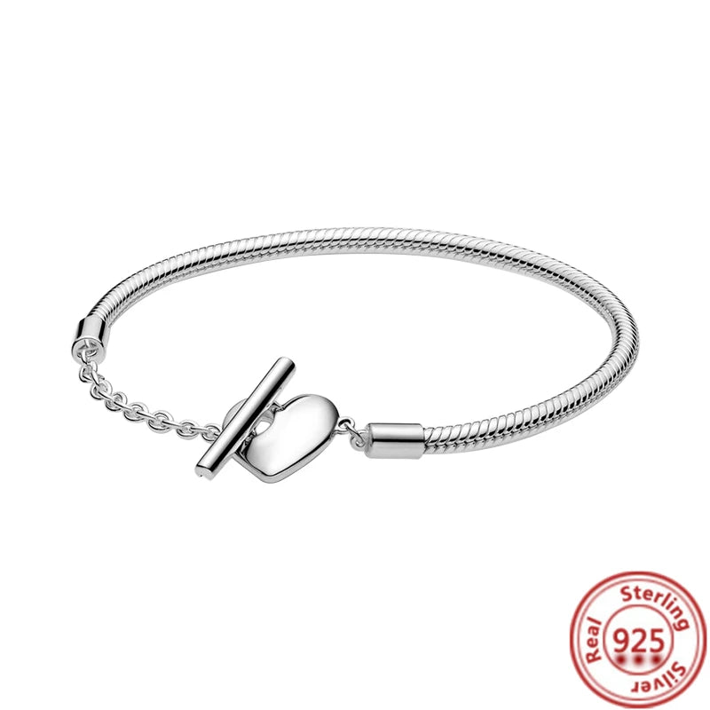 925 Silver Charms Bracelet Rose Heart Crown Snake Chain Women DIY Jewelry