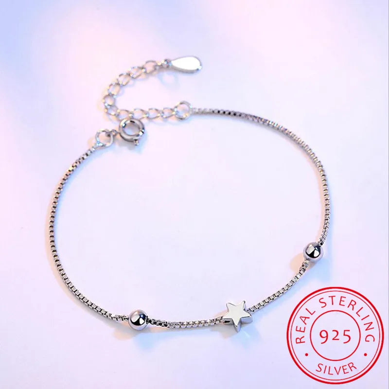925 Silver Star Ball Box Chain Link Bracelet for Women