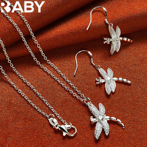 925 Silver Dragonfly Necklace Earrings Set Zircon Charms Wedding Party Jewelry