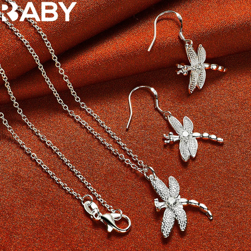 925 Silver Dragonfly Necklace Earrings Set Zircon Charms Wedding Party Jewelry