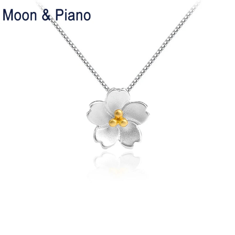 925 Silver Cherry Blossom Pendant Necklace Romantic Jewelry