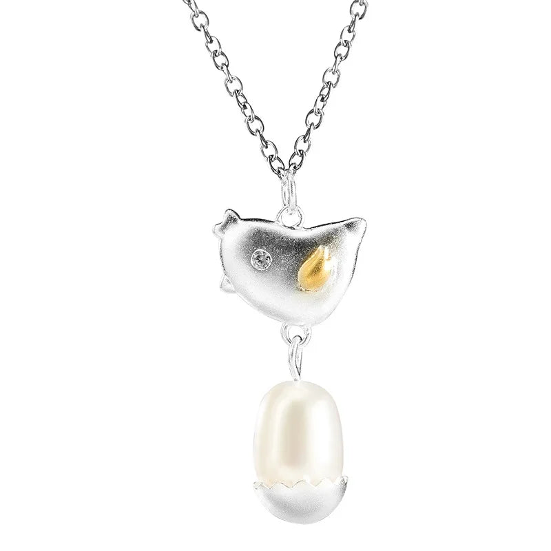 925 Silver Chinese Style Bird Necklace Freshwater Pearl Pendant Choker