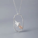 925 Silver Chinese Style Necklace Magnolia Flower Pearl Pendant