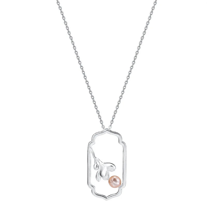 925 Silver Chinese Style Necklace Magnolia Flower Pearl Pendant