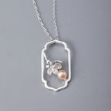 925 Silver Chinese Style Necklace Magnolia Flower Pearl Pendant