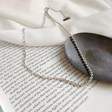 925 Silver Choker Necklace Asymmetric Ball Beads Half Link Chain Short Necklace