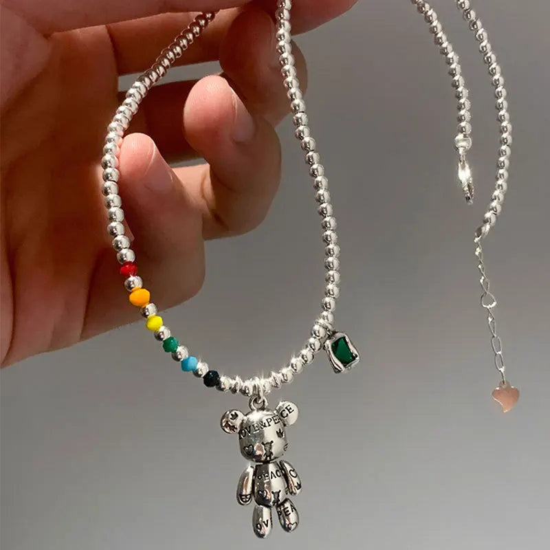 925 Silver Choker Necklace Small Bear Green Zircon Fine Jewelry