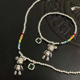 925 Silver Choker Necklace Small Bear Green Zircon Fine Jewelry