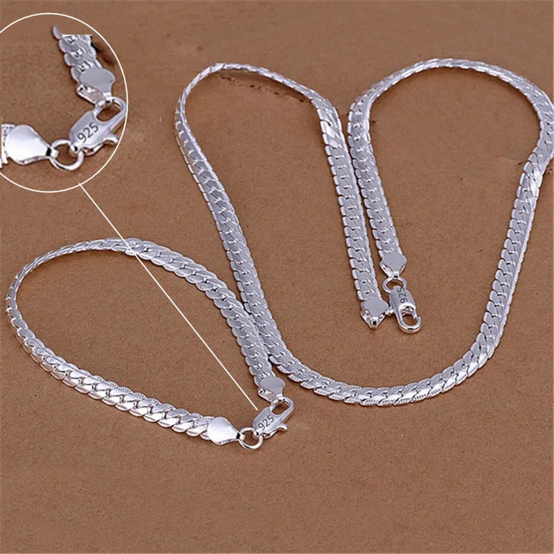 925 Silver Christmas Retro 6MM Flat Chain Necklace Bracelet Set