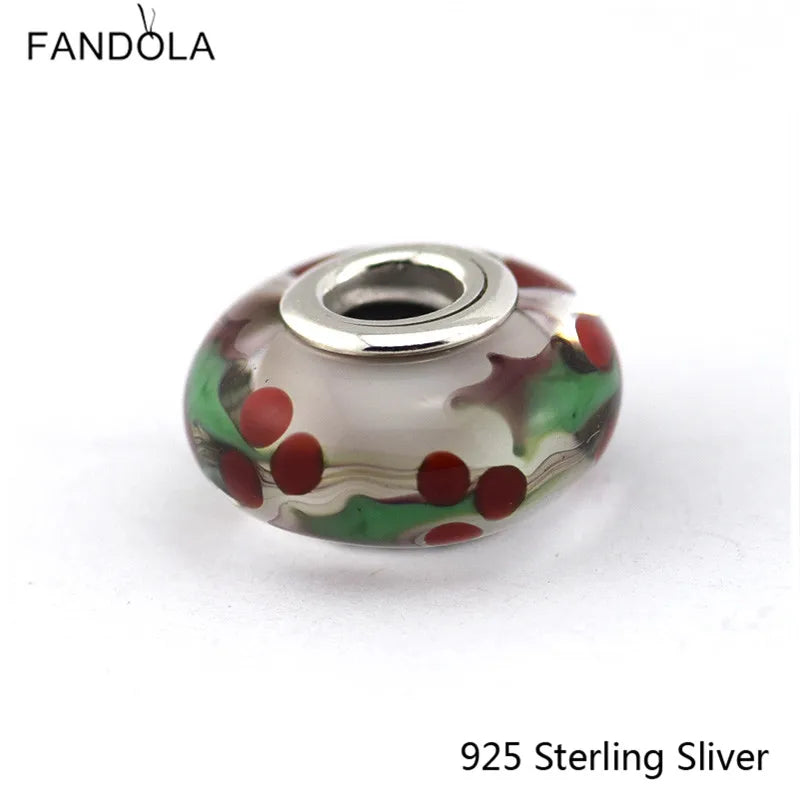925 Silver Christmas Holly Glass Bead Charm for Bracelet DIY