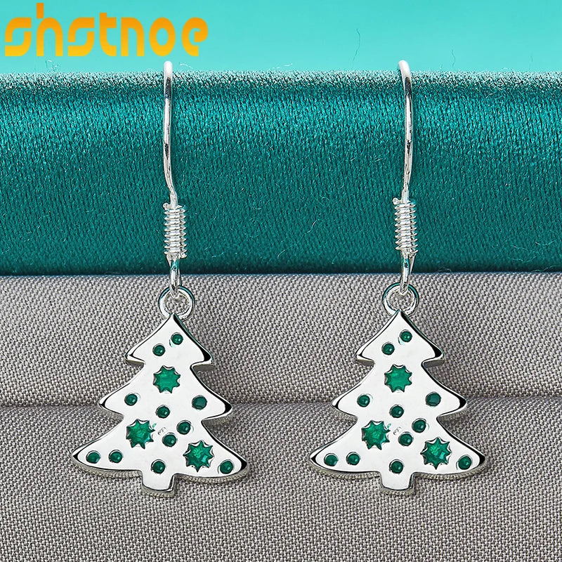 925 Silver Christmas Tree Drop Earrings for Women Party Engagement