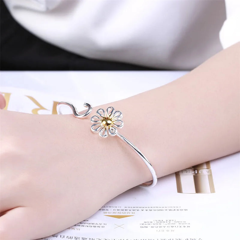 925 Silver Chrysanthemum Bangle Bracelet Wedding Engagement Jewelry