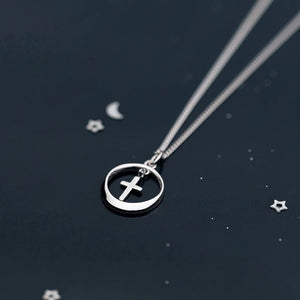 925 Silver Circle Cross Pendant Necklace for Women