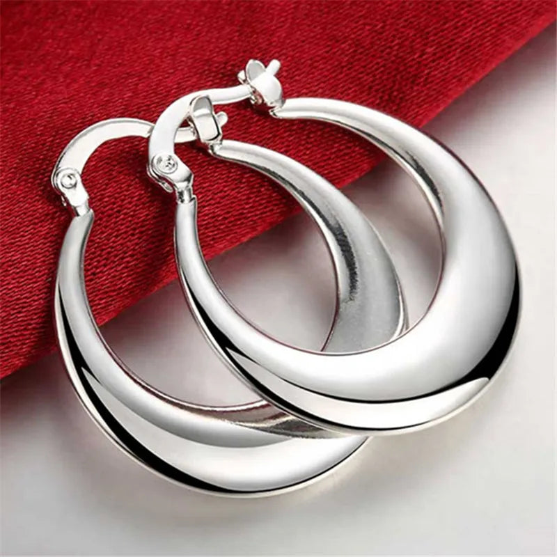 925 Silver Smooth U-Shape Big Hoop Earrings Women Wedding