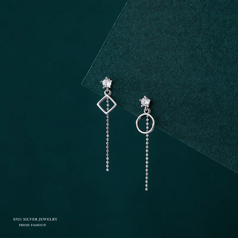 925 Silver Circle Square Earring Long Tassel Cubic Zircon Star Women's Earings