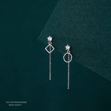 925 Silver Circle Square Earring Long Tassel Cubic Zircon Star Women's Earings