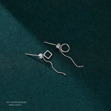 925 Silver Circle Square Earring Long Tassel Cubic Zircon Star Women's Earings