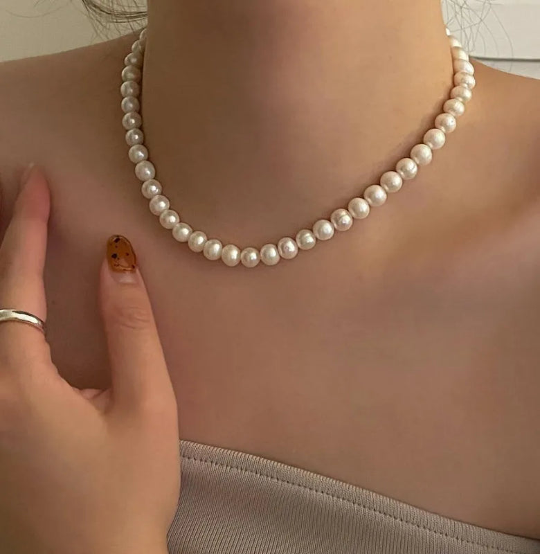 925 Silver Clasp Beaded Choker Pearl Necklace for Women