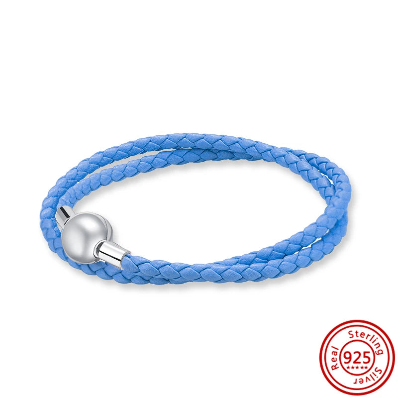 925 Silver Clasp Double Layer Leather Weave Bracelet for Bead DIY Jewelry