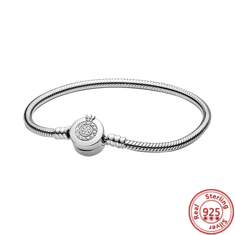 925 Silver Charm Bracelet Sparkling Crown Snake Chain Women DIY Jewelry