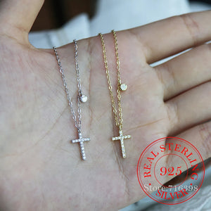 925 Sterling Silver Crystal Cross Choker Necklace Pendant 14K Plated
