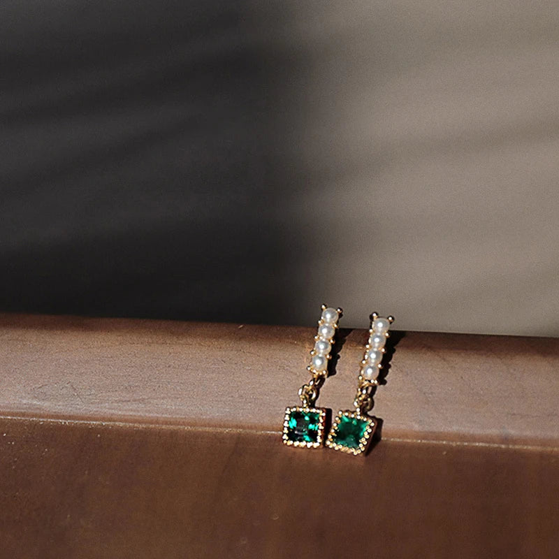 925 Silver Geometric Square Green Zircon Earrings for Women
