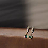 925 Silver Geometric Square Green Zircon Earrings for Women