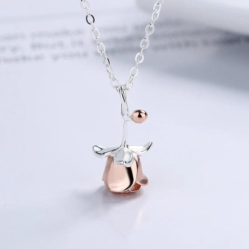 925 Silver Rose Flower Choker Necklace Pendant 14K Plated