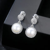925 Silver Round CZ Pearl Stud Earrings Womens Jewelry