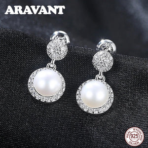 925 Silver Round CZ Pearl Stud Earrings Womens Jewelry