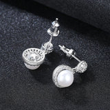 925 Silver Round CZ Pearl Stud Earrings Womens Jewelry