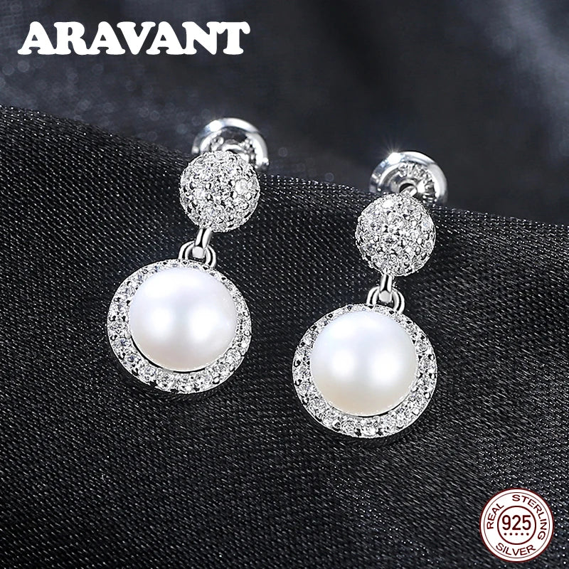 925 Silver Round CZ Pearl Stud Earrings Womens Jewelry