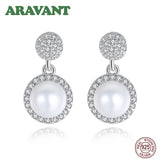 925 Silver Round CZ Pearl Stud Earrings Womens Jewelry