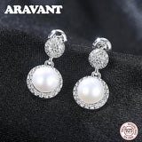 925 Silver Round CZ Pearl Stud Earrings Womens Jewelry