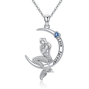 925 Sterling Silver Mermaid Moon Necklace Pendant for Girls Women