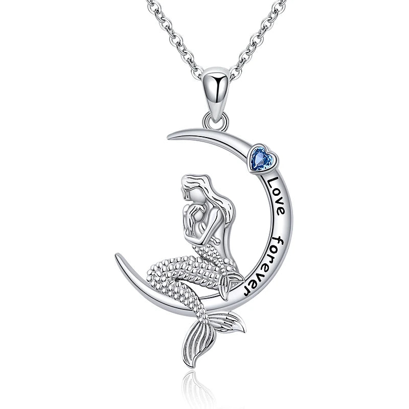 925 Sterling Silver Mermaid Moon Necklace Pendant for Girls Women