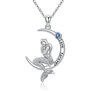 925 Sterling Silver Mermaid Moon Necklace Pendant for Girls Women