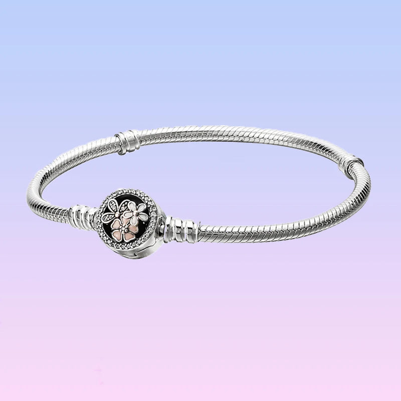 925 Silver Snake Chain Bracelet w/ Flower Clasp, Birthday Gift