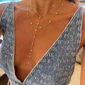 925 Silver Clear CZ Long Chain Necklace Y Shape Lariat